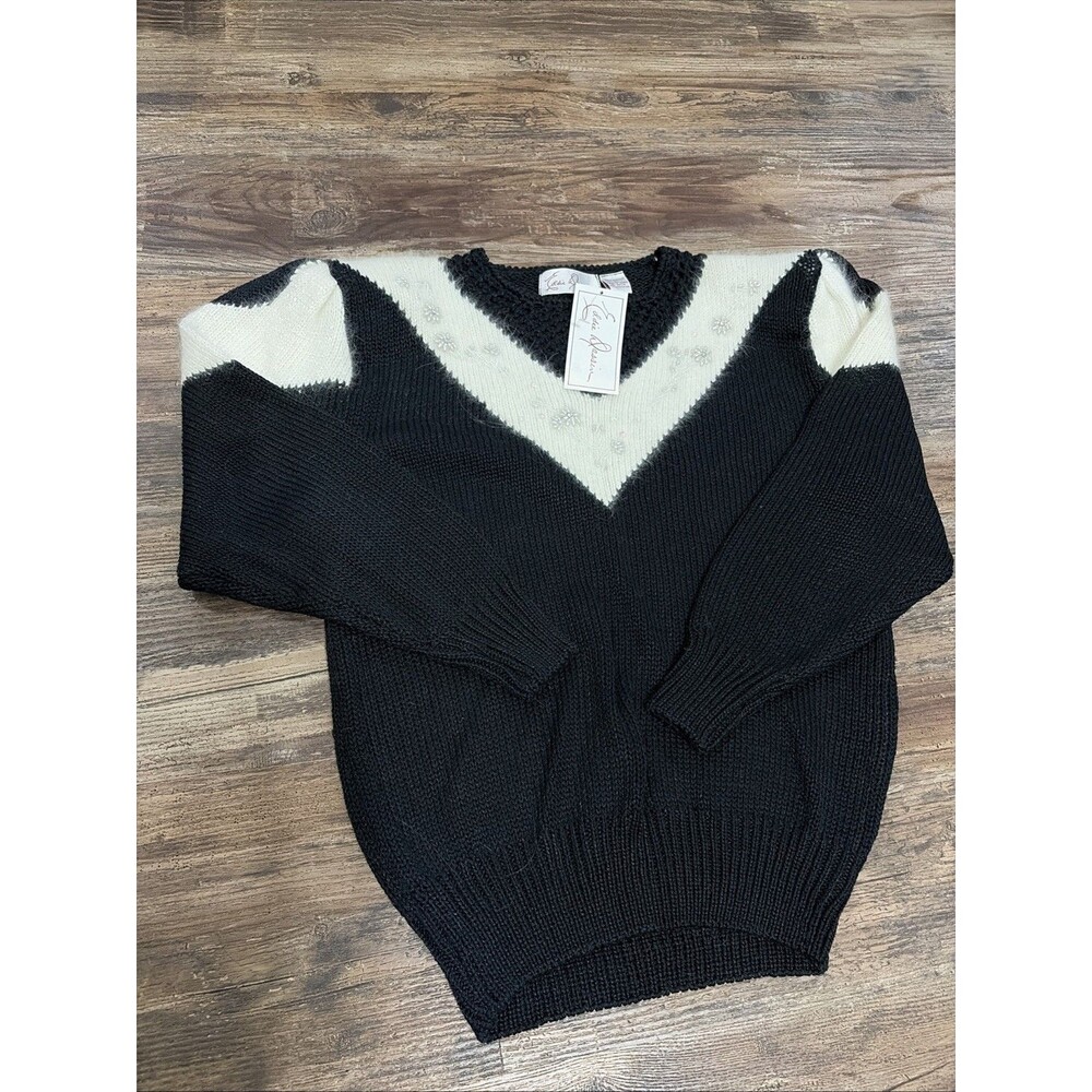Vintage Eddie Dassin Angora Knit Sparkle Pullover Black Sweater Women Size L